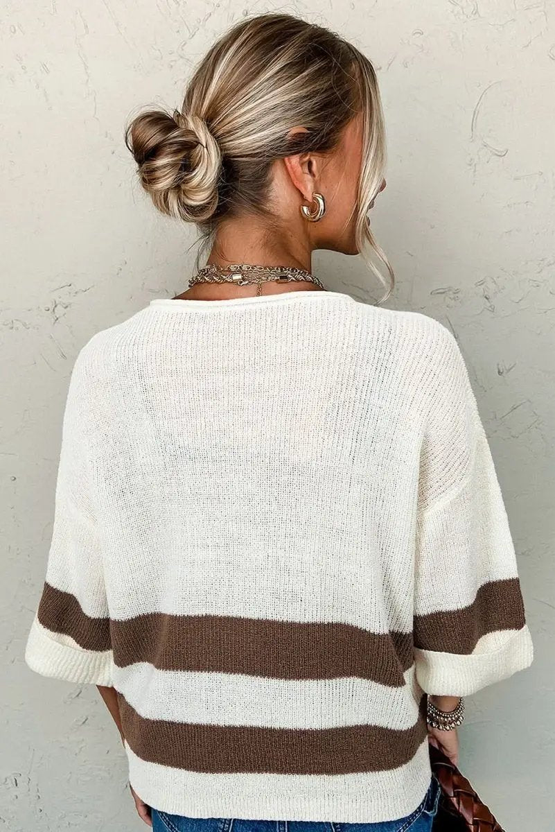 Brown Striped Accent Notched V Neck Cropped Sweater T Shirt - Love Salve